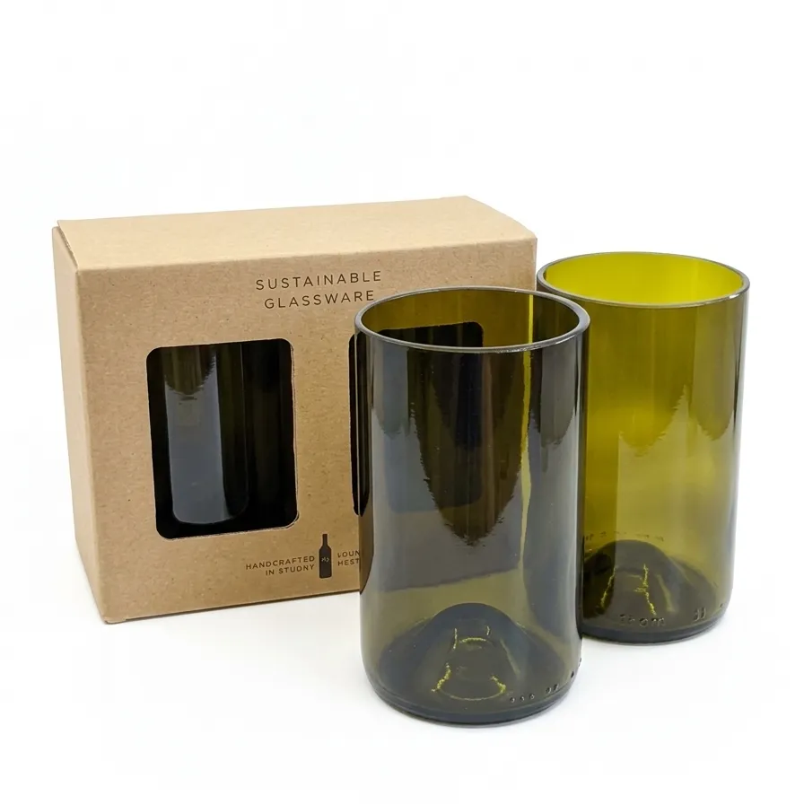 [H0003OG-2] Gift Pack of 2 Upcycled Cut Wine Bottles Tumbler - Olive Green