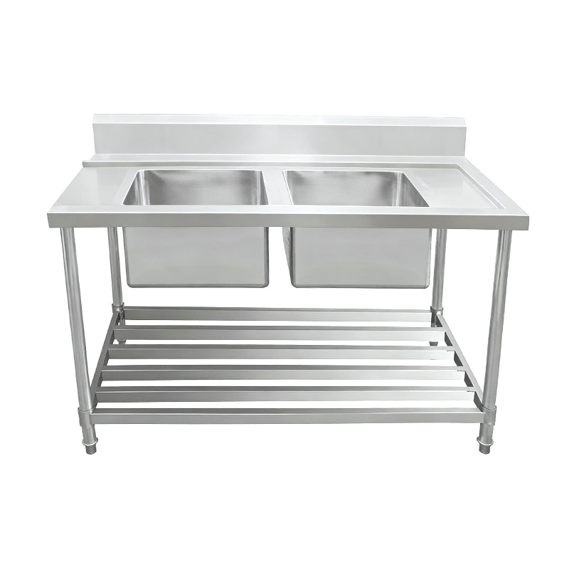 Inlet Bench - Double Sink with Splashback & Pipe Undershelf - Inlet & Sink on Left / 700 / ASDD-1270L