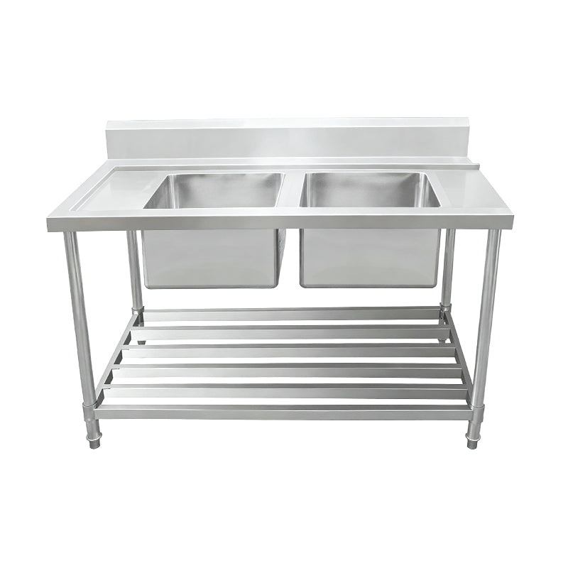 [622371] Inlet Bench - Double Sink with Splashback & Pipe Undershelf - Inlet & Sink on Right / 750 / ASDD-1570R