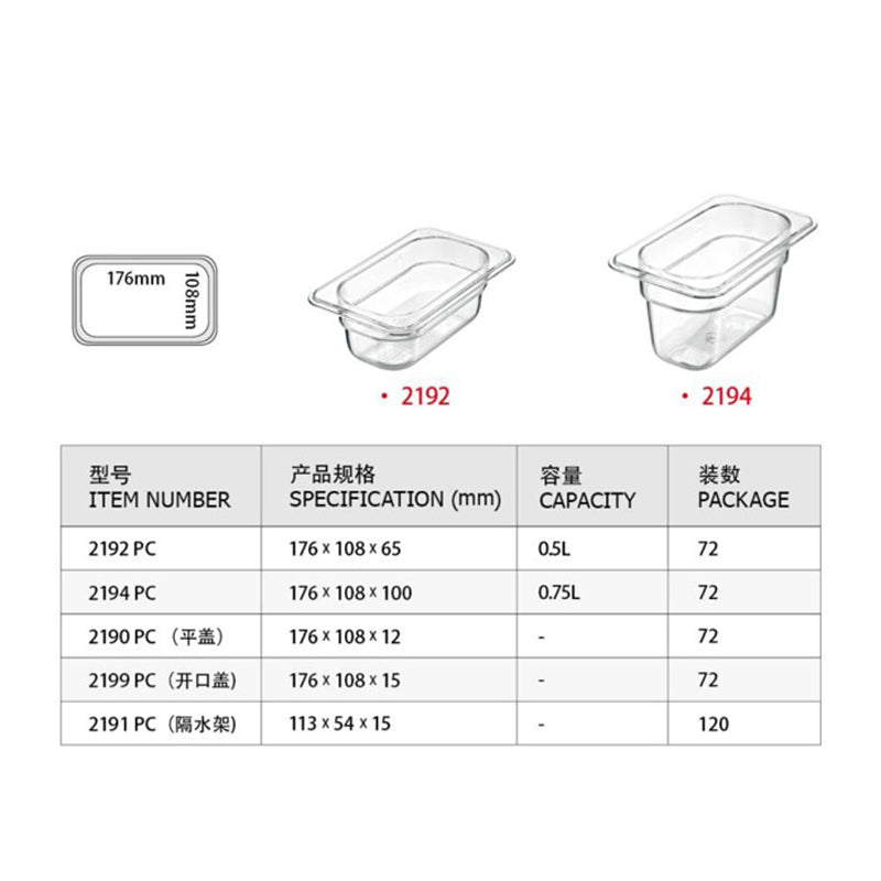 Gastronorme Pan - PolyCarbonate - 1/9 - Clear / 65mm